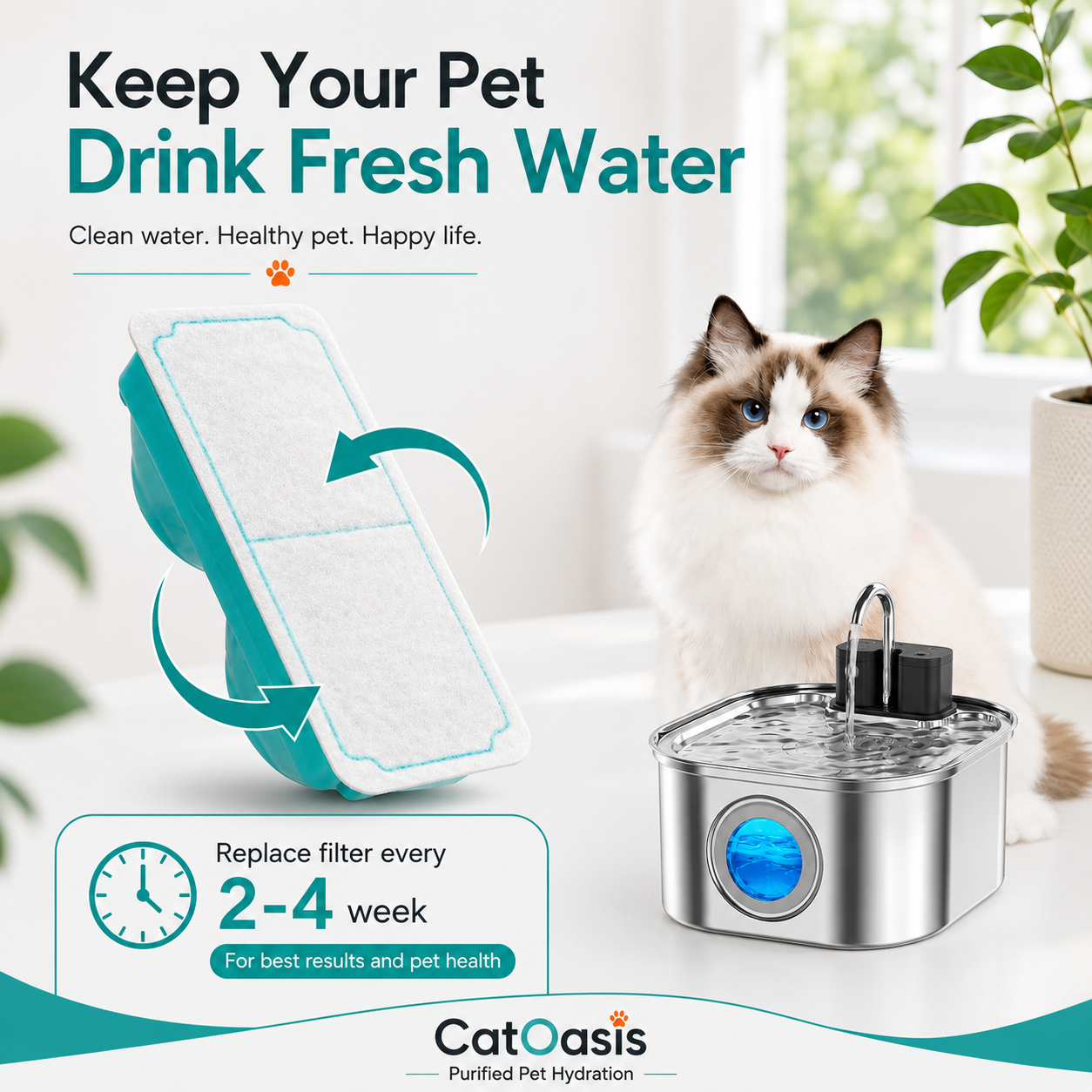 CatOasis® AquaFlow Stainless Steel Cat Water Fountain